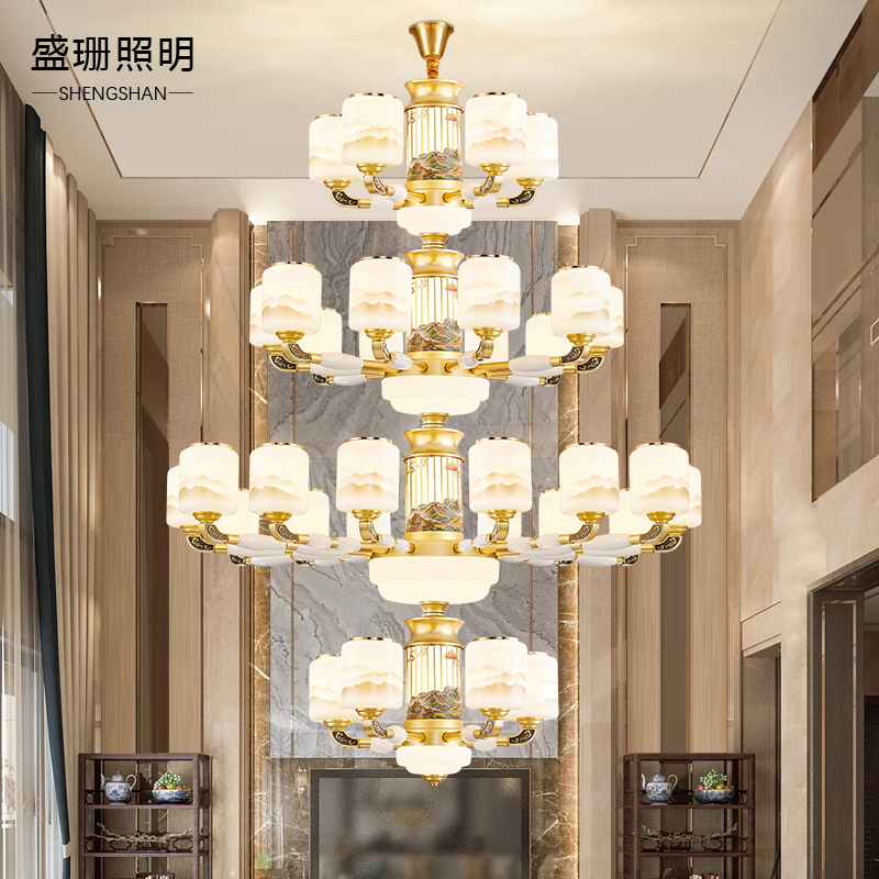 万里江山全铜复式楼别墅客厅玉石大吊灯中空楼中楼酒店大厅灯具