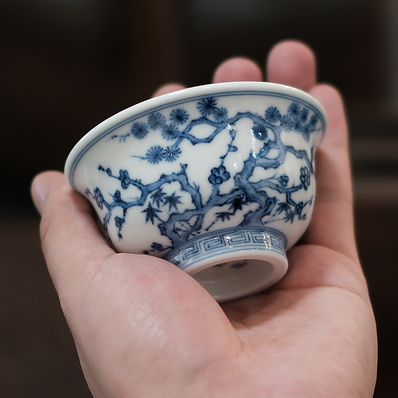 五里雾景德镇手工手绘仿明代成化瓷器青花松竹梅纹主人杯功夫茶具