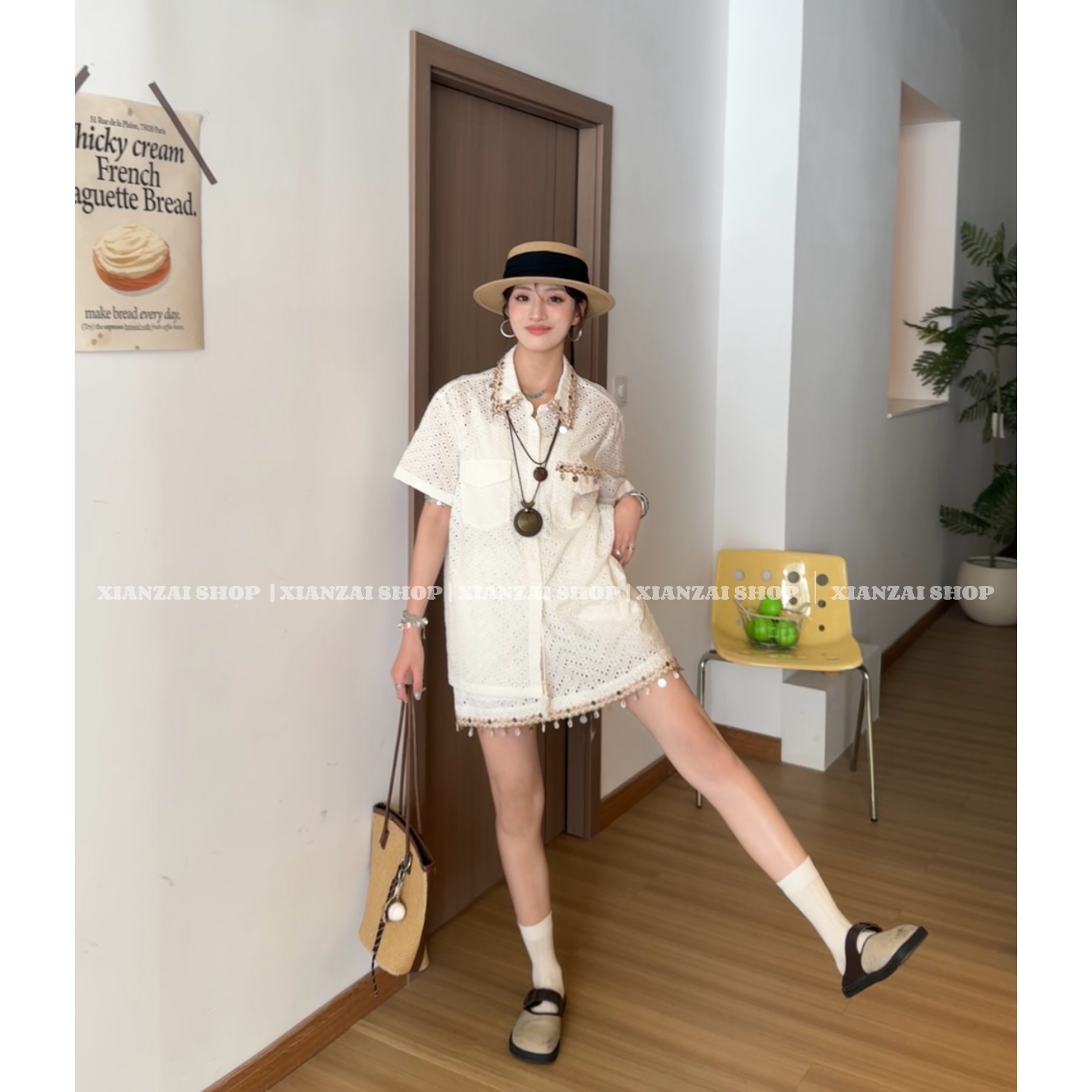 XIANZAI【波西米亚】夏季新款亮片度假风镂空短袖衬衫短裙两件套装