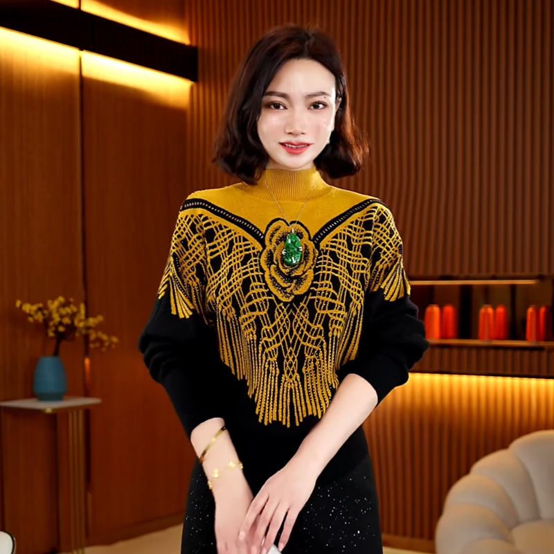 【紫微阁】2025秋冬百搭定位印山查花时尚抗起球拼色圆领修身毛衣