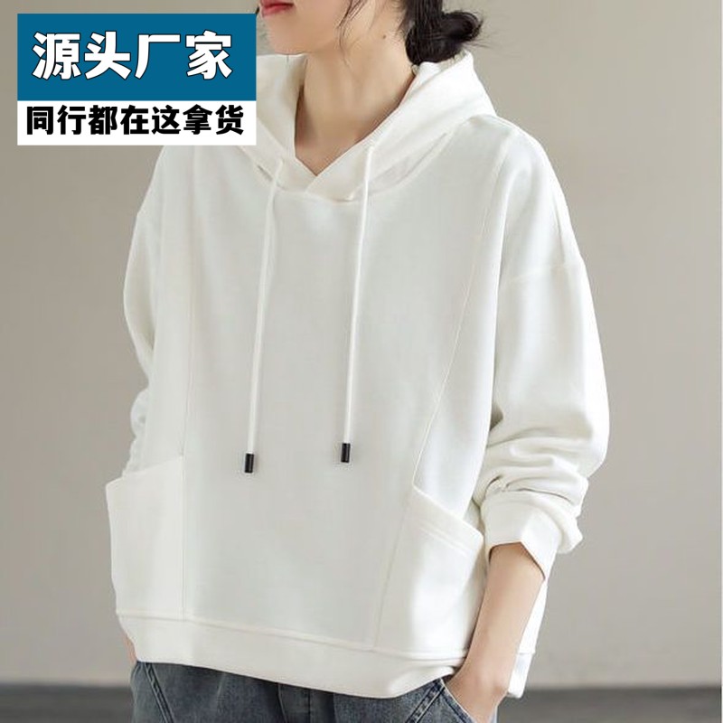 梵乐芬全棉卫衣女韩版新款卫衣女文艺宽松连帽系带净色百搭长袖全