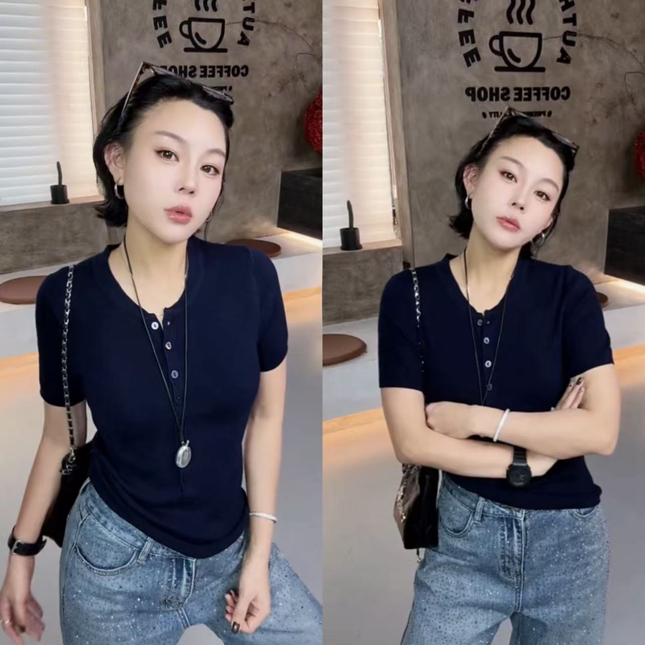 菲林家FL 2306【一见钟情】 设计感排扣针织短袖
