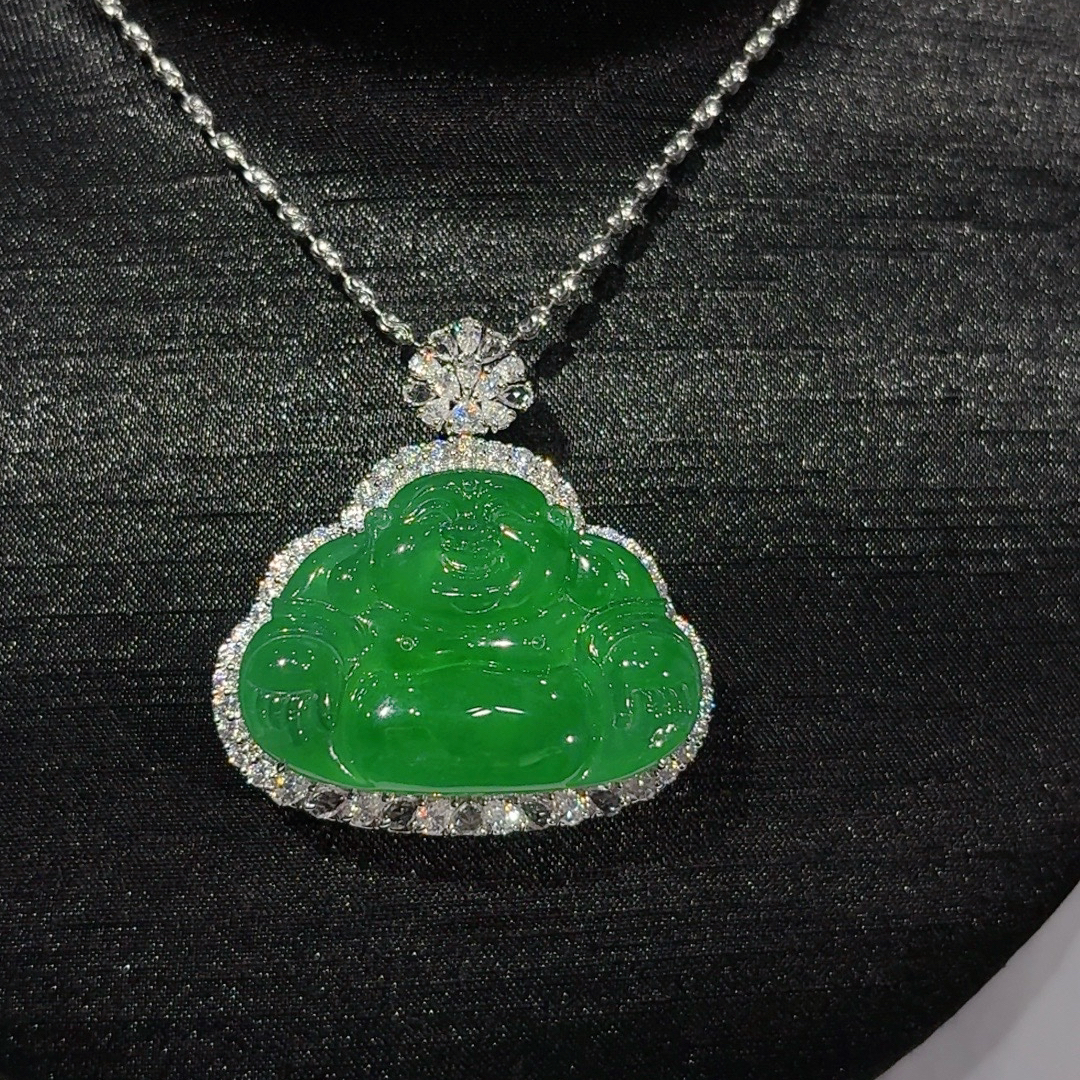 18k金天然A货翡翠冰翠浓阳大佛公吊坠裸石：26.2×37.2×4.5