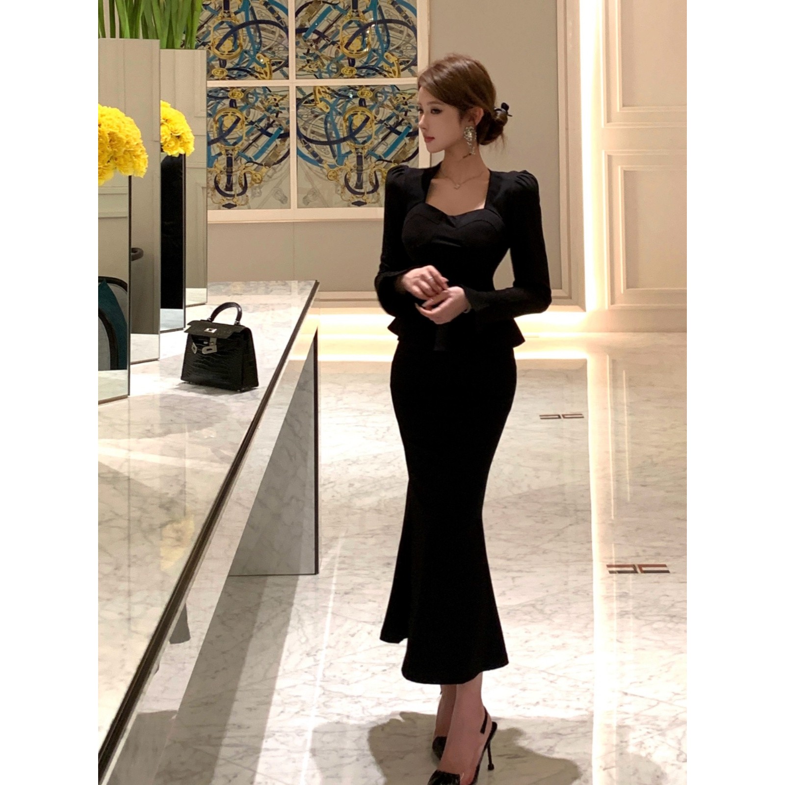 A579 时尚套装秋季时尚性感法式修身秋冬连衣裙两件套女
