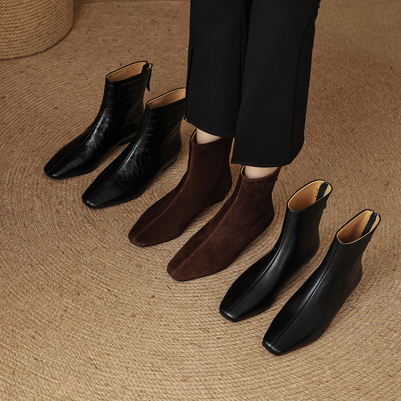 2.5cm/牛皮 秋冬季英伦复古短筒低跟瘦瘦靴通勤百搭平底女短靴子