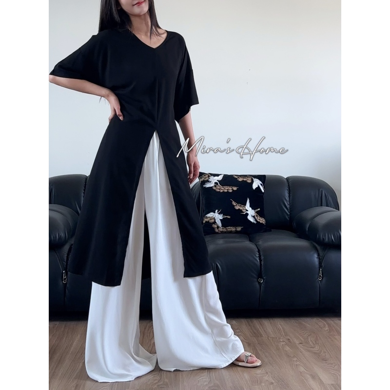 【絮语上衣】系列｜米拉夏季棉绸时尚百搭v领前开叉长款上衣