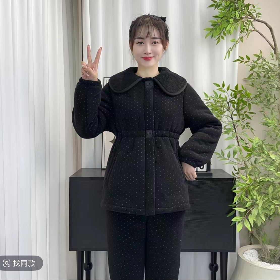 抽腰绳波点翻领毛可爱亲子连帽款保暖冬季加厚家居服