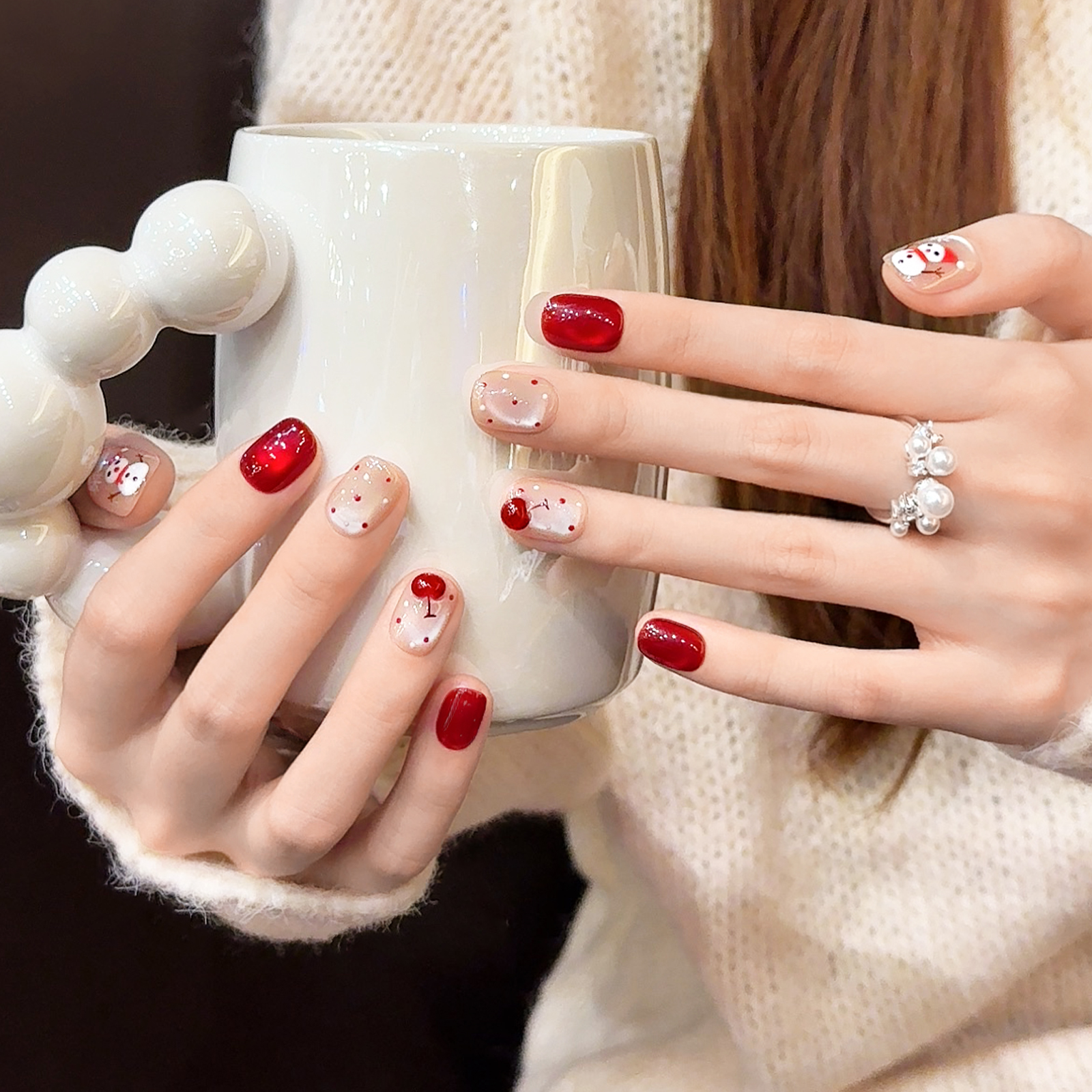 【圣诞雪人】高品质纯手工穿戴甲红色猫眼穿戴甲显白美甲成品