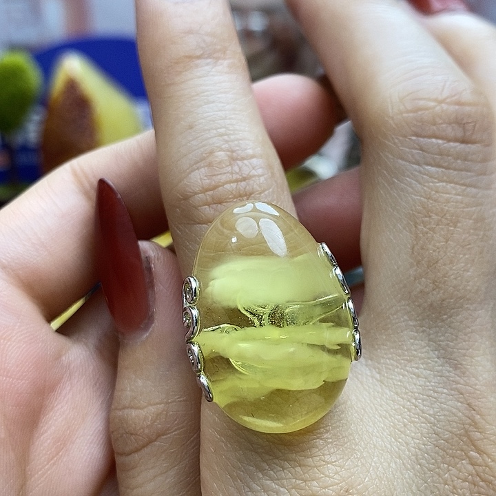 琥珀戒指银S925镶嵌戒指