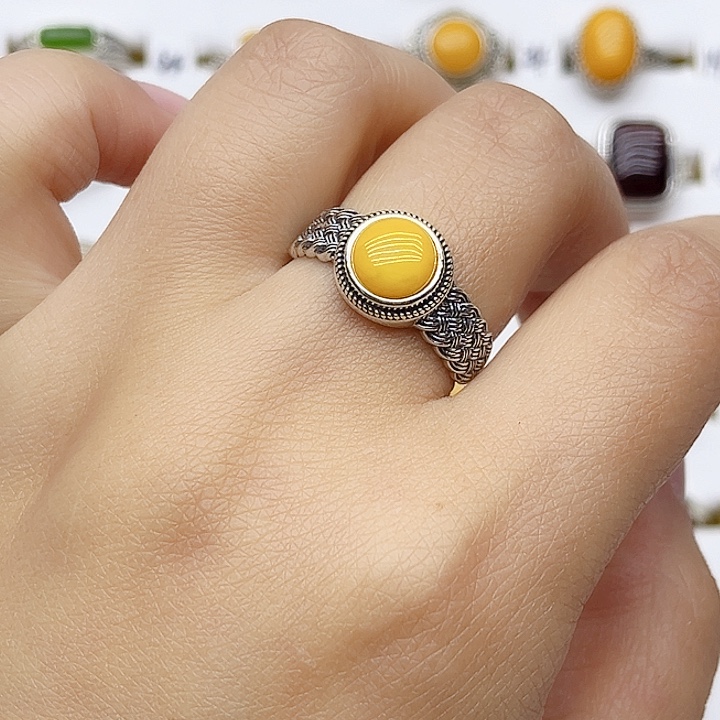 蜜蜡戒指银S925镶嵌天然