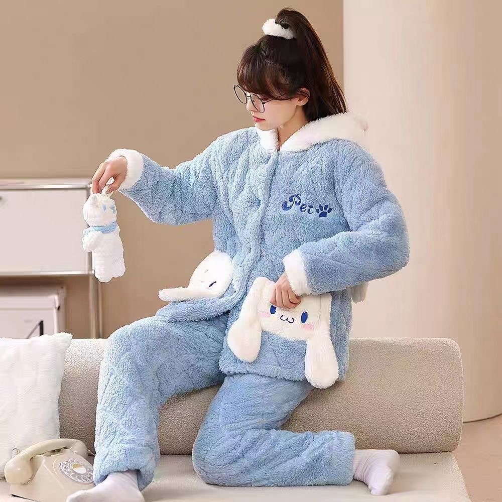 【玉桂狗】三层夹棉睡袍套装睡衣女冬季加绒加厚星黛露保暖家居服