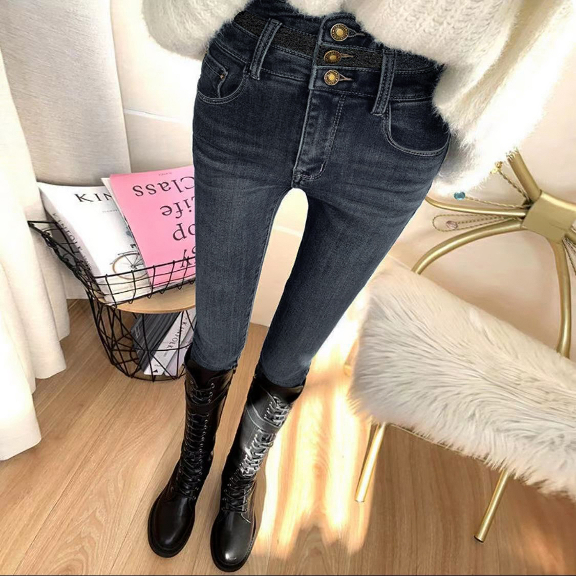 792牛仔裤女2025年冬季高腰修身显瘦紧身靴裤加绒铅笔小脚裤子