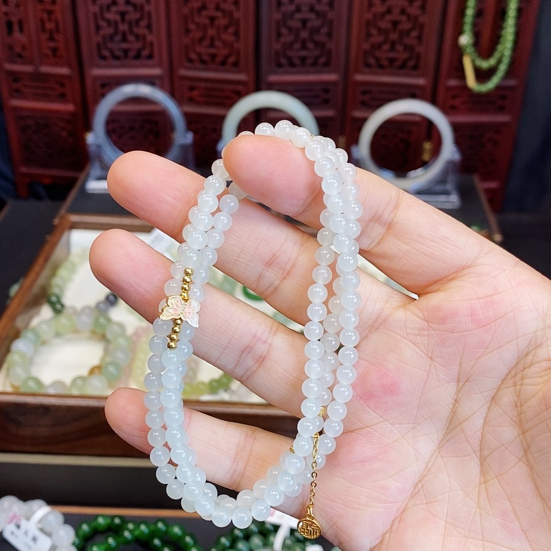 和田玉手串银S925镶嵌白玉4.5