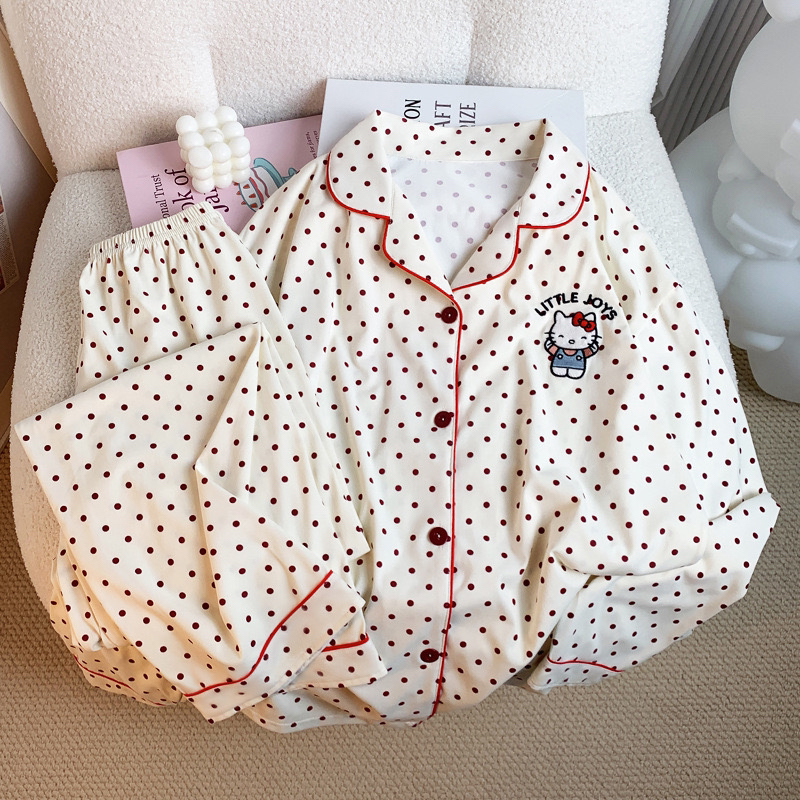 HelloKitty日系仿棉睡衣女卡通春秋季长袖套装甜美家居服