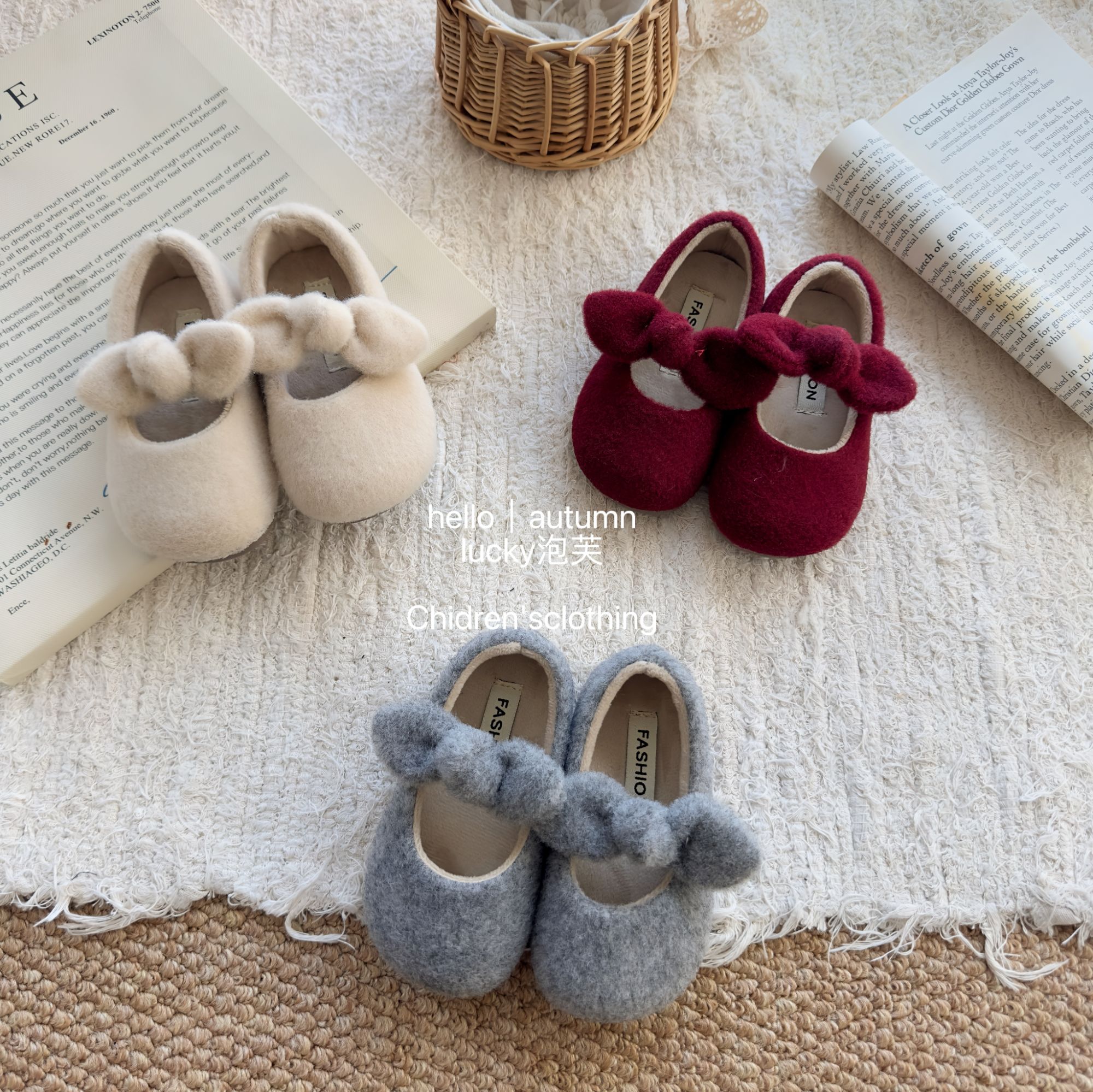 【lucky泡芙】穿搭博主！女童加绒玛丽珍公主韩秋冬毛呢蝴蝶结毛毛鞋