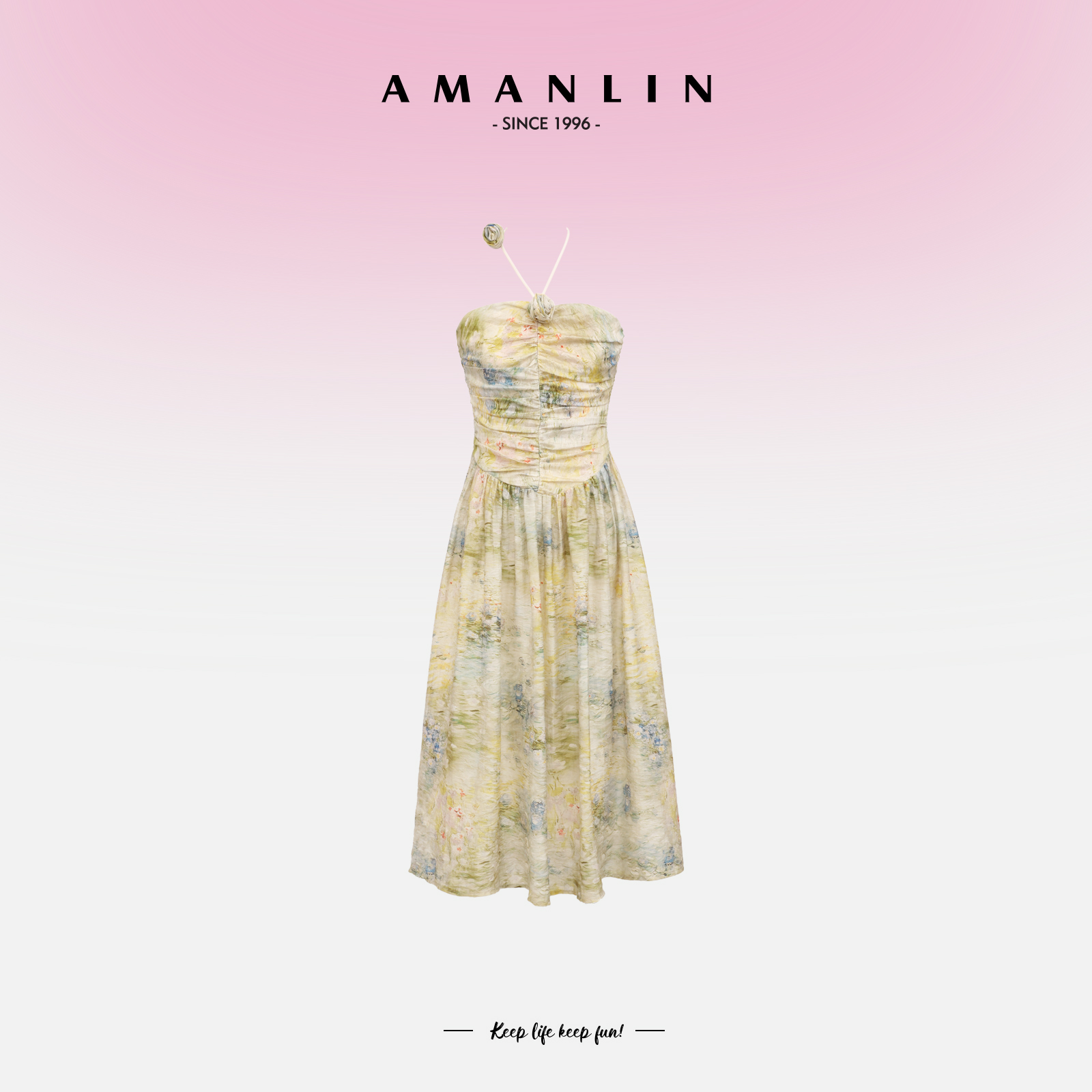 夏季穿搭晕染印花甜美挂脖百搭显瘦连衣裙女F592052