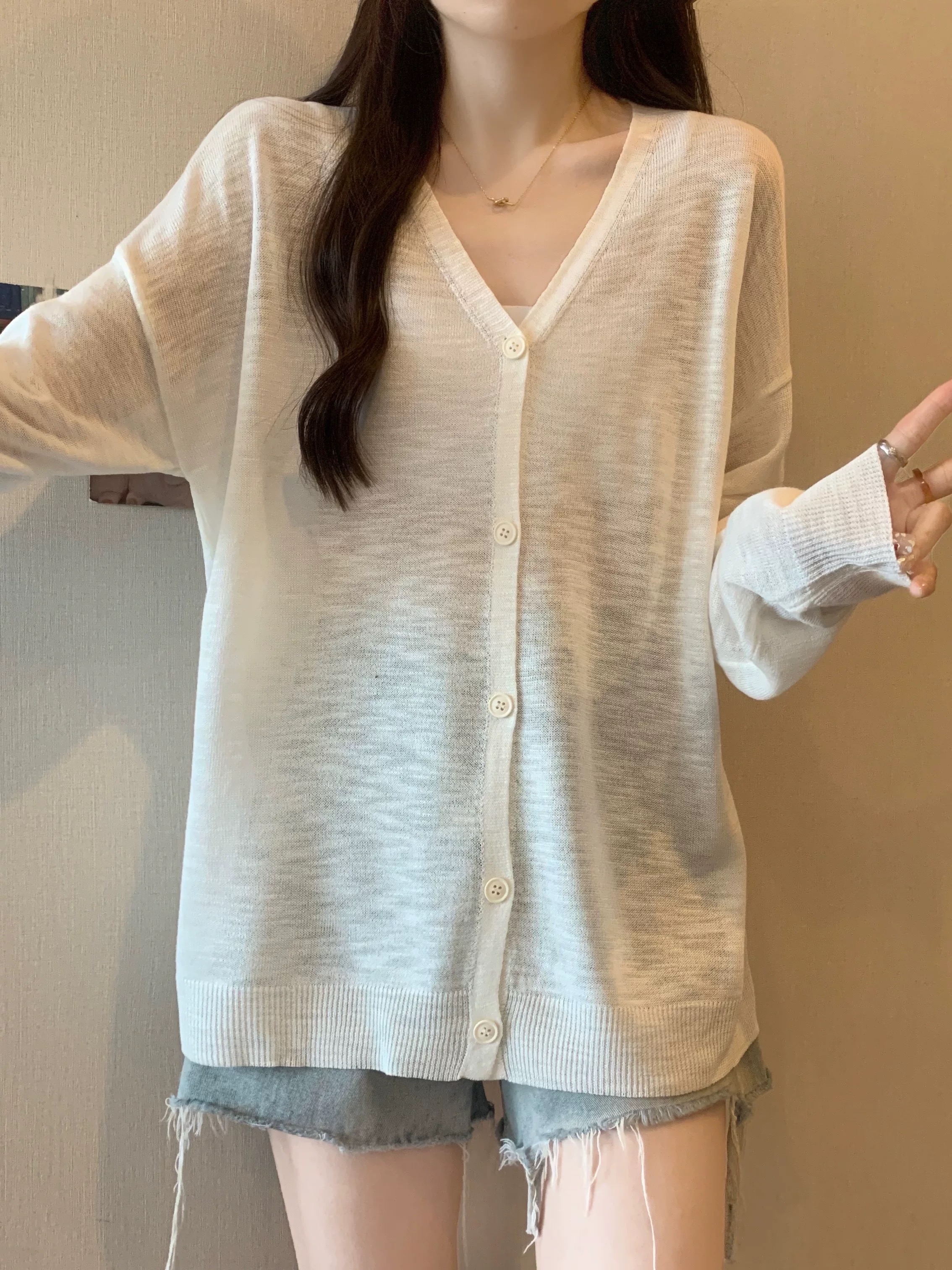 VISHALL大码插肩袖薄款慵懒长袖衬衫针织百搭亚麻针织衫时尚防晒