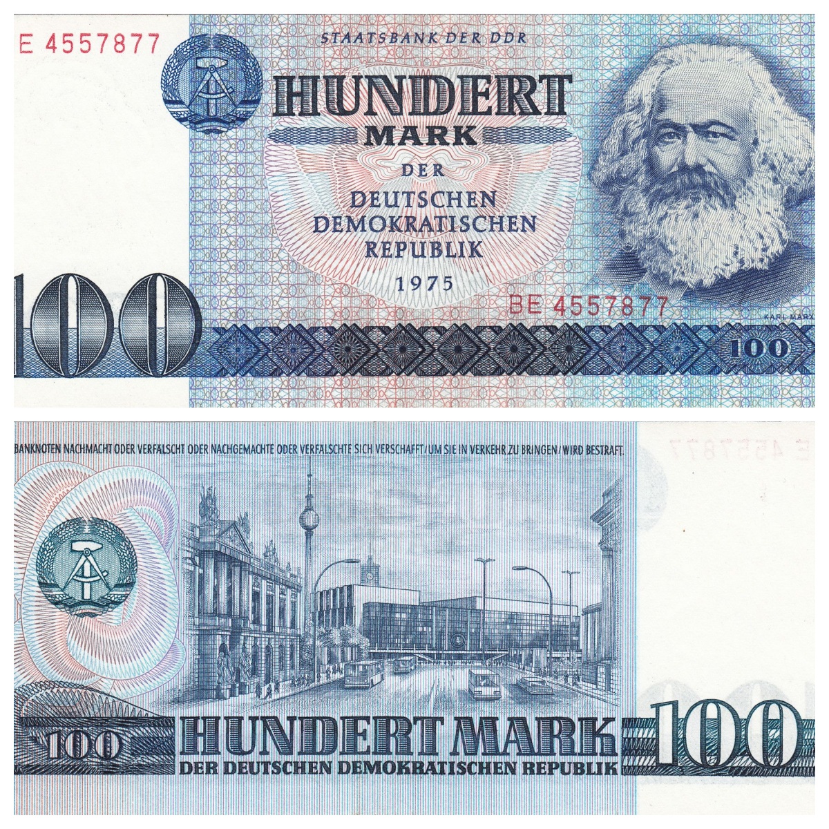 民主德国 东德100马克纸币 1975年 马克思  欧洲外国钱币 全新UNC
