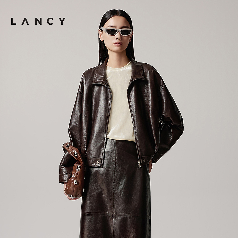 【羊皮】LANCY/朗姿2025秋季新款复古廓形美拉德高级感真皮衣外套