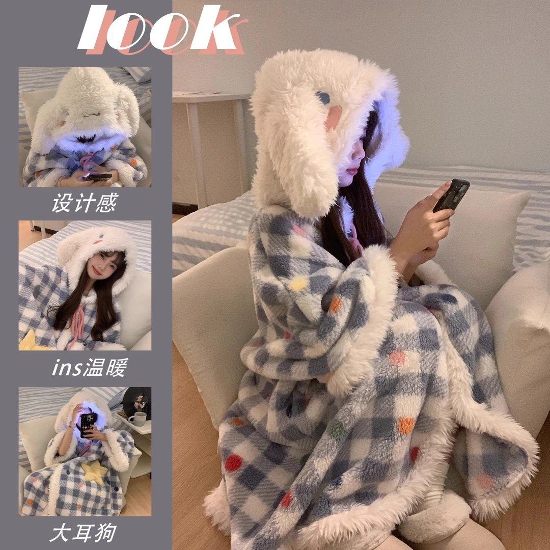 可爱玉桂狗珊瑚绒睡袍女冬加绒加厚斗篷保暖睡衣套装可外穿家居服