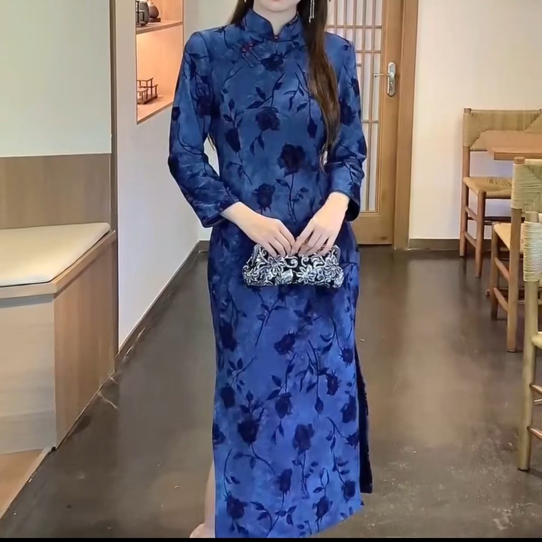 古风新中式日常旗袍国风秋冬气质显瘦优雅风欧美风复古时尚中长款