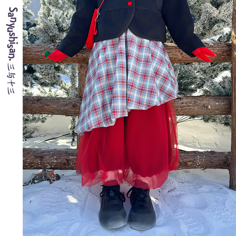 三与十三|酒渍樱桃|复古小众设计感丝绒拼接网纱格纹松紧腰半身裙