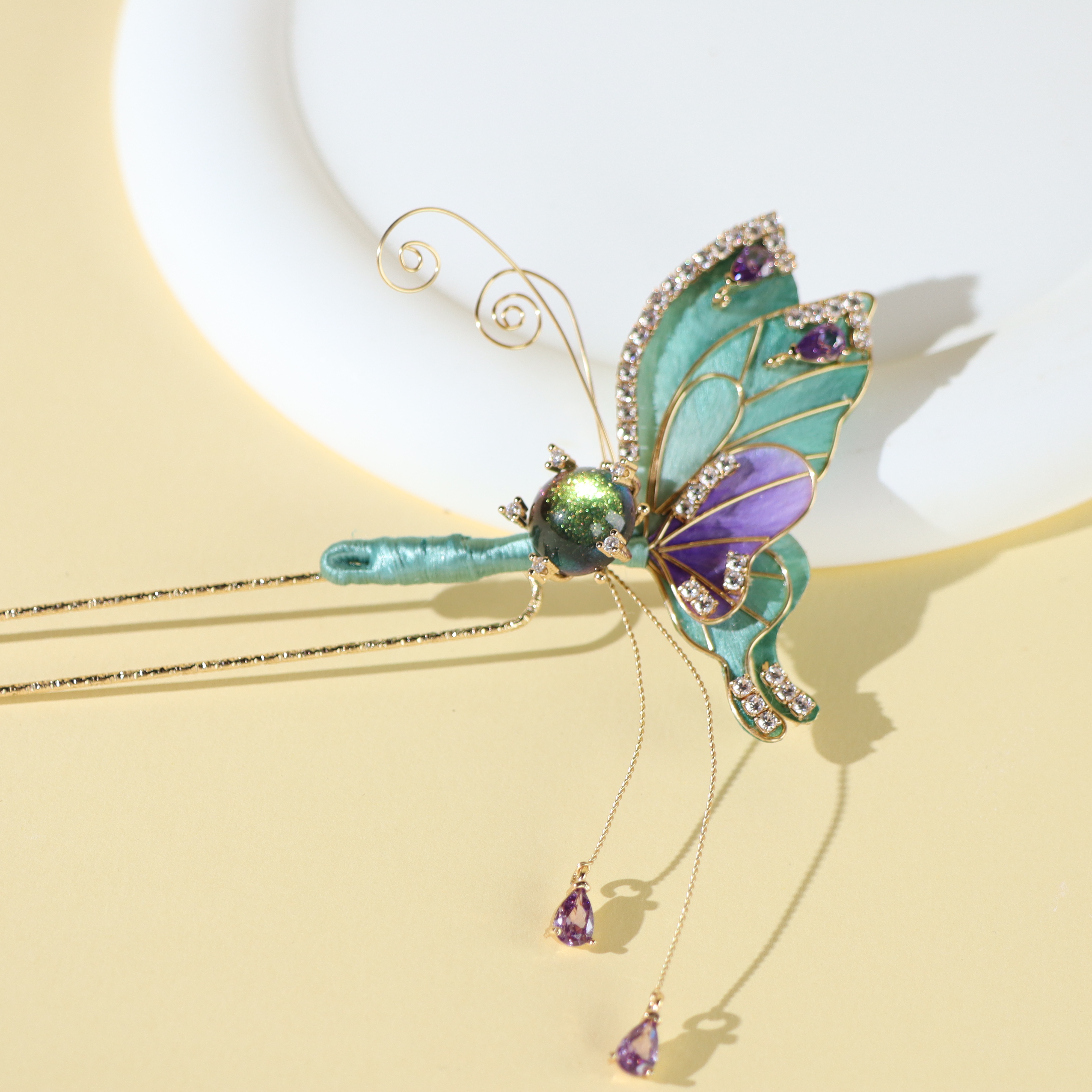 非遗绒花纯手工沧浪色蝴蝶发钗