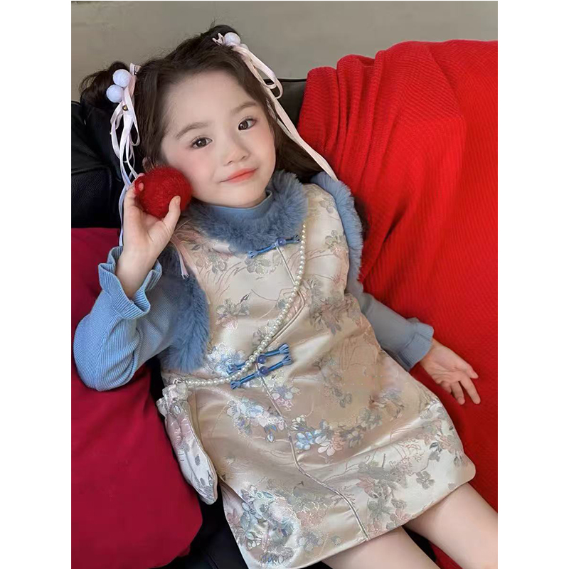 24冬“灵月泽”女童针织上衣+夹棉国风印花连衣裙X290