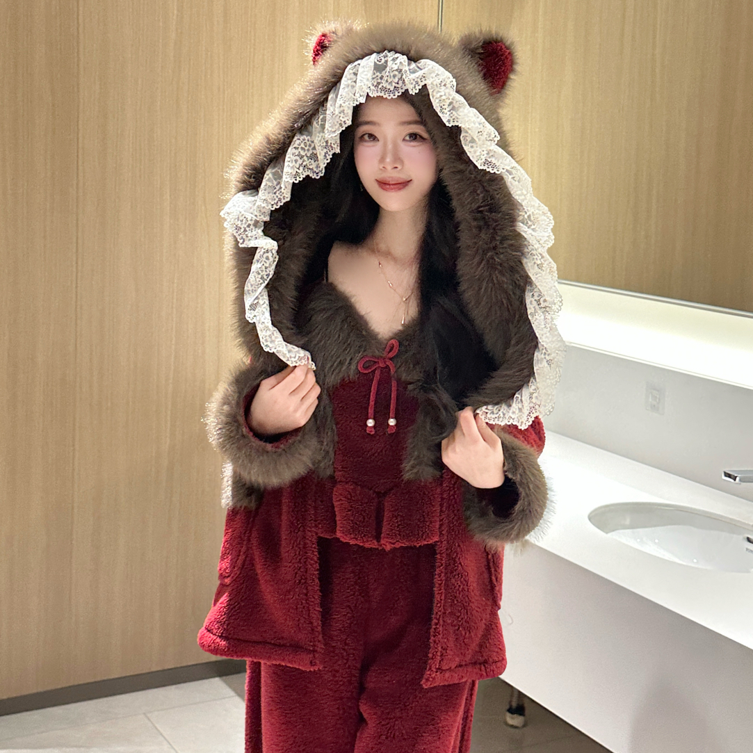 贺贺【晚宴千金】秋冬新款保暖女睡衣优雅韩系轻奢加厚家居服套装