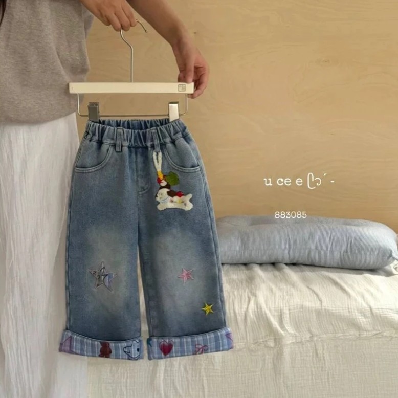 釉兮 （现货）秋冬女童加绒直筒腊肠狗星星牛仔裤