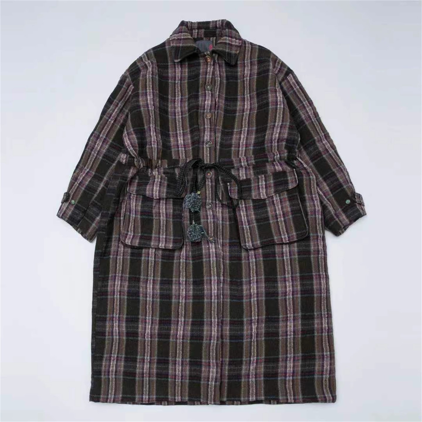 彭彭家 f0664 羊毛混纺彩格子长款棉服风衣外套 垒土