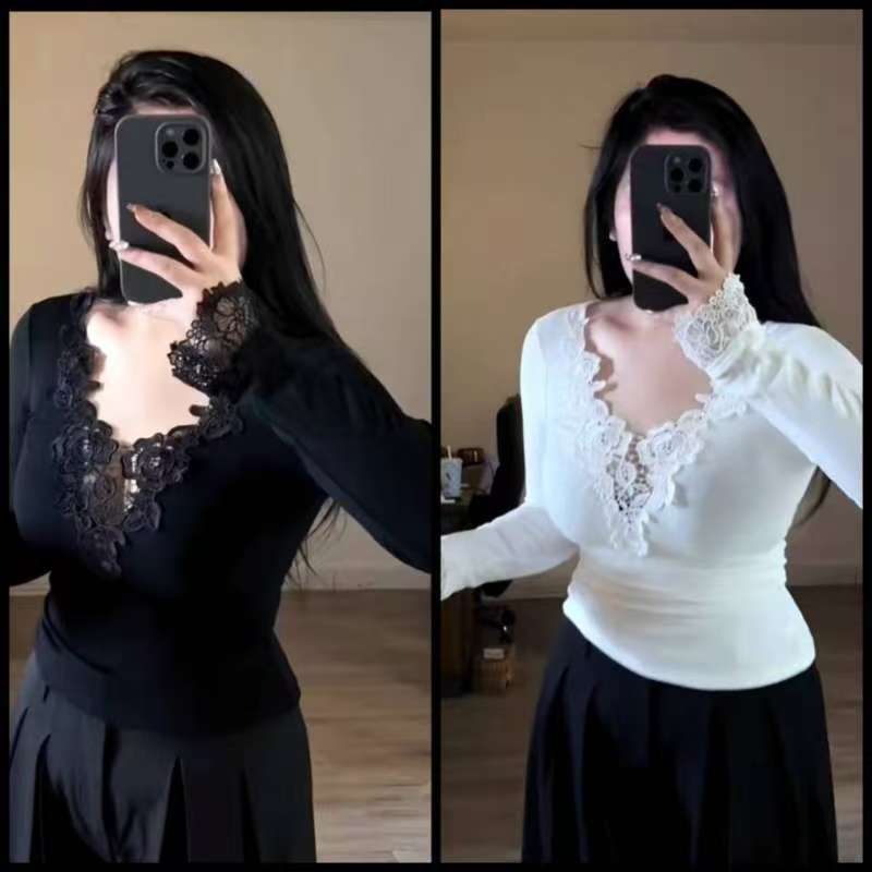 丁满满推荐大码胖mm纯欲性感蕾丝v领长袖t恤秋冬季显瘦内搭25092