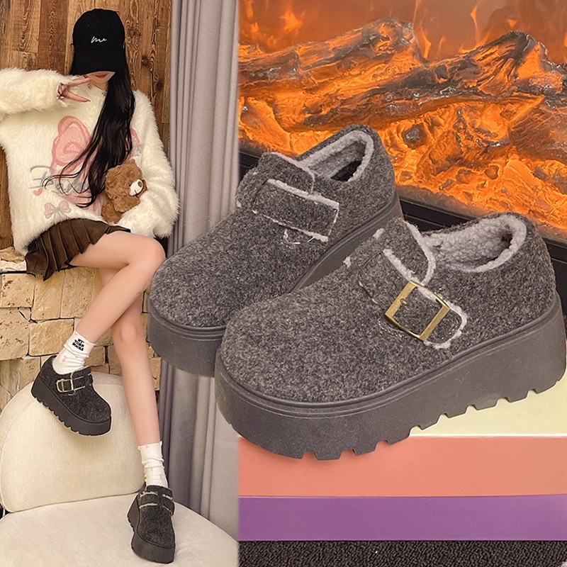 厚底增高毛呢勃肯鞋女2025新款秋冬加绒松糕复古百搭爆款毛毛棉鞋