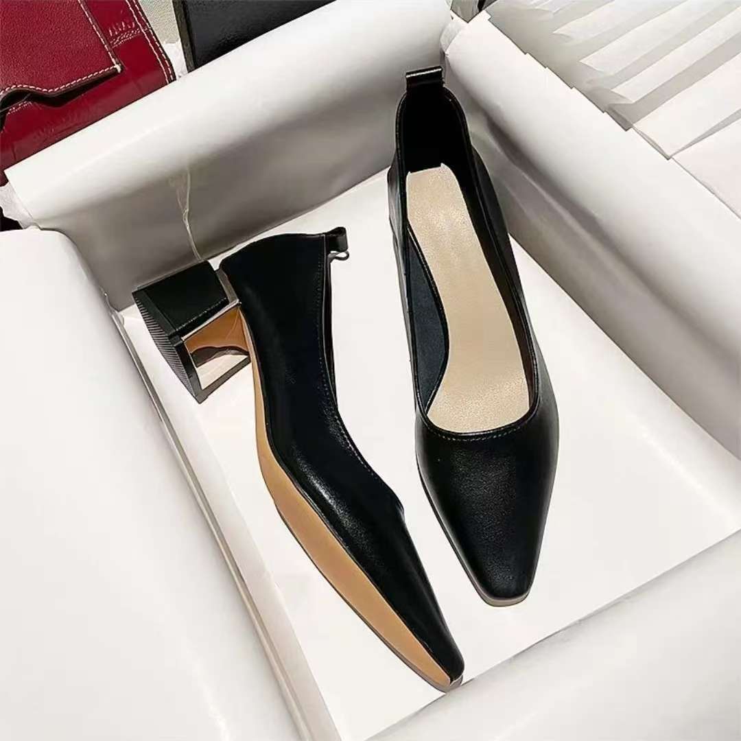 新款 630-888 米白色新款时尚气质舒适设计感粗跟女士高跟单鞋