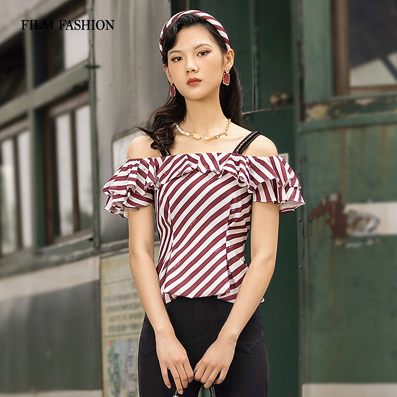 【芊芊专属】一电影一时装条纹一电影一时装字肩衬衫 FEJS123545