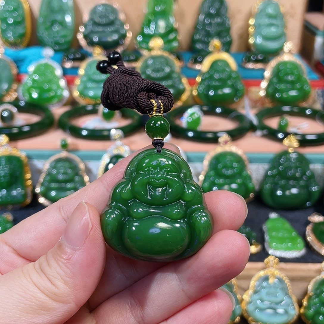 和田玉（碧玉）18K金镶嵌颈饰阳绿佛公4980