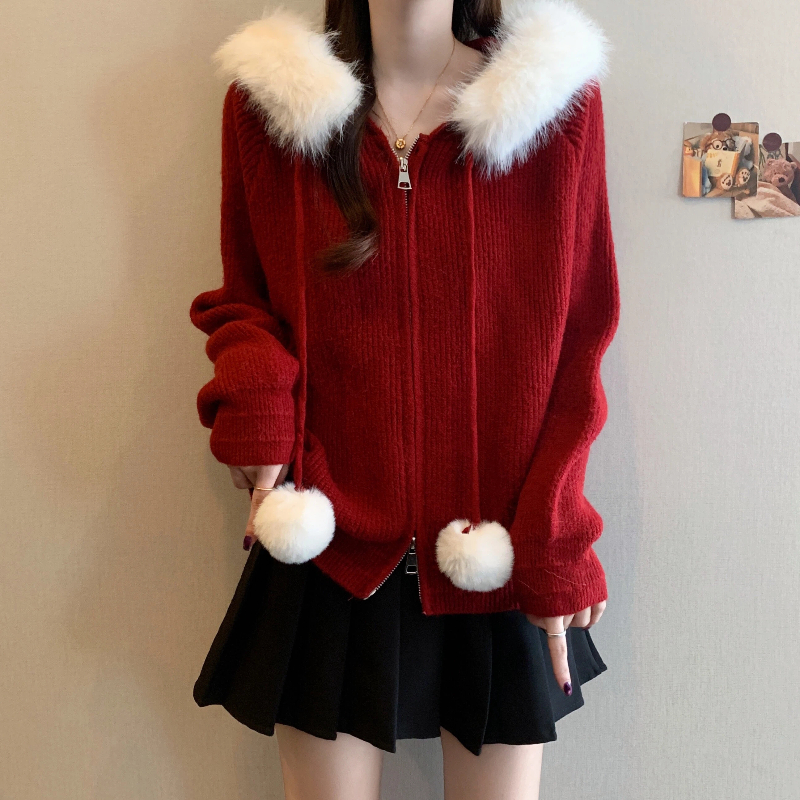 韩系设计拉链连帽毛领毛衣女冬季新款高端设计感宽松慵懒针织上衣