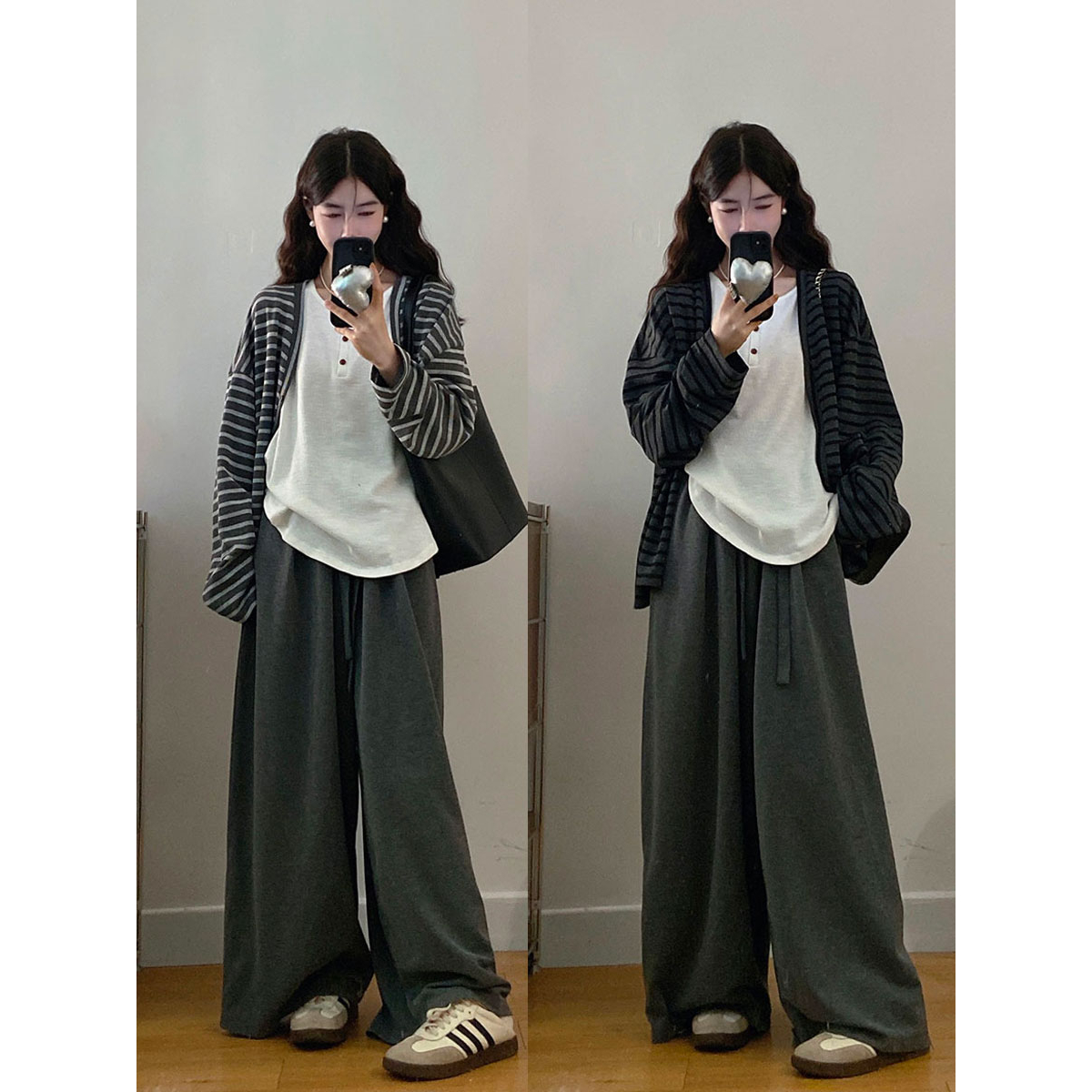 大码女装秋季慵懒风美式撞色条纹长袖内搭背心+休闲长裤套装