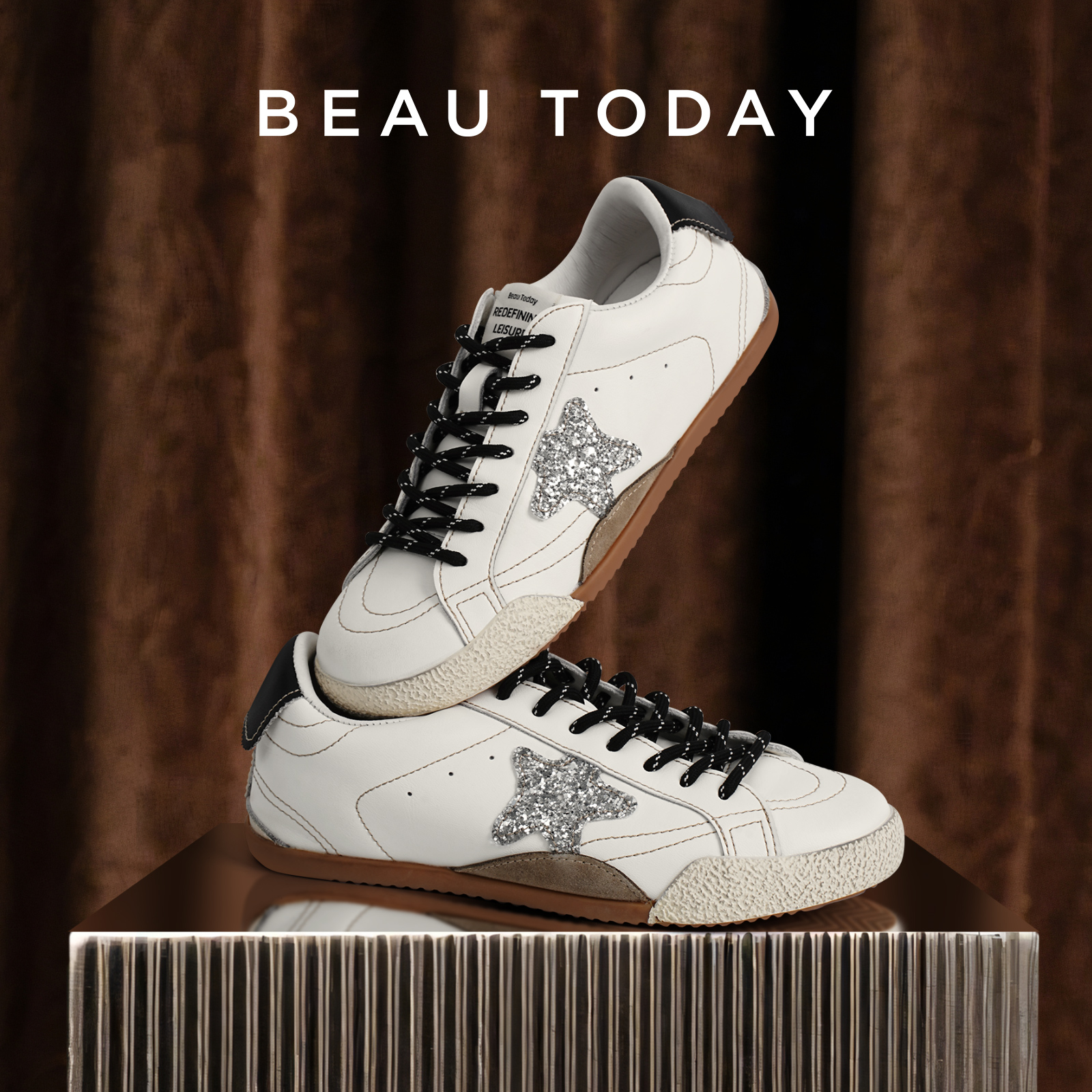 BeauToday牛皮星星鞋女鞋2025新款女小白鞋