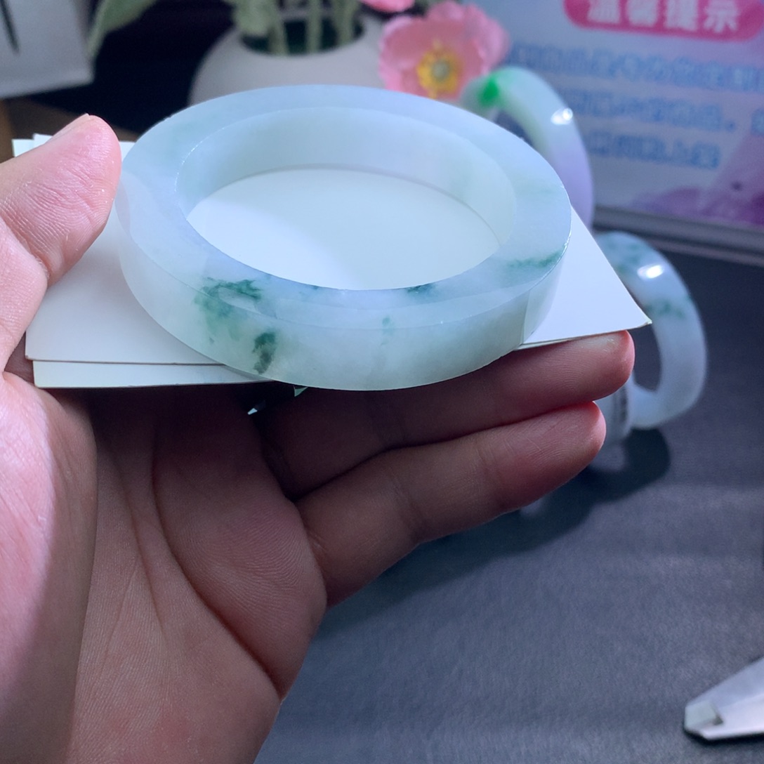 定制翡翠未镶嵌翡翠手镯冰飘花蓝花半山水