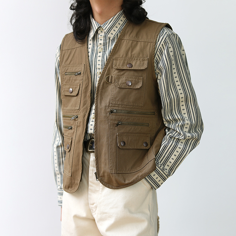 山系美式复古户外机能工装阿美咔叽多口袋钓鱼马甲背心MBBCAR窄幅