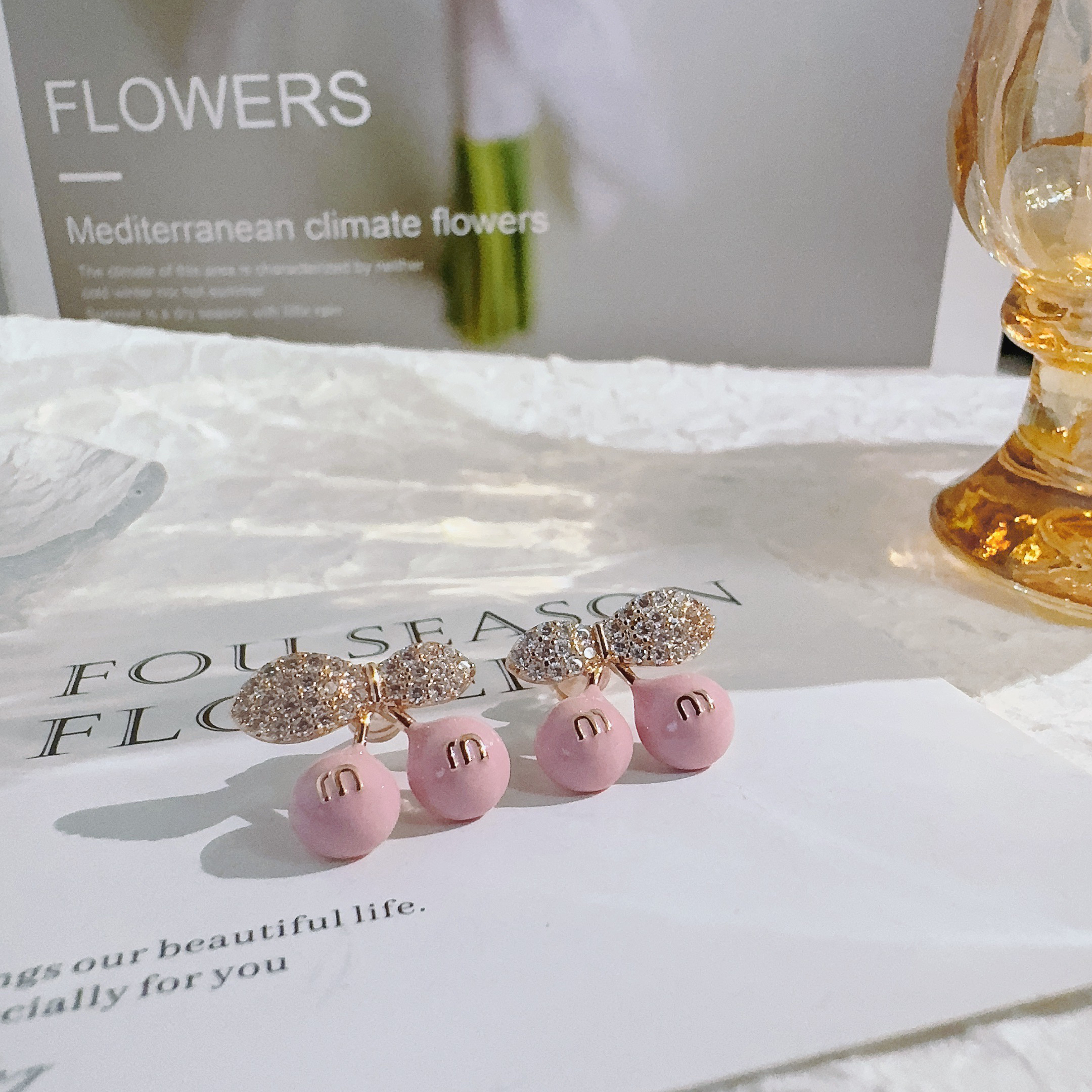 铜合金耳饰 4010 粉色小樱桃耳钉时尚个性