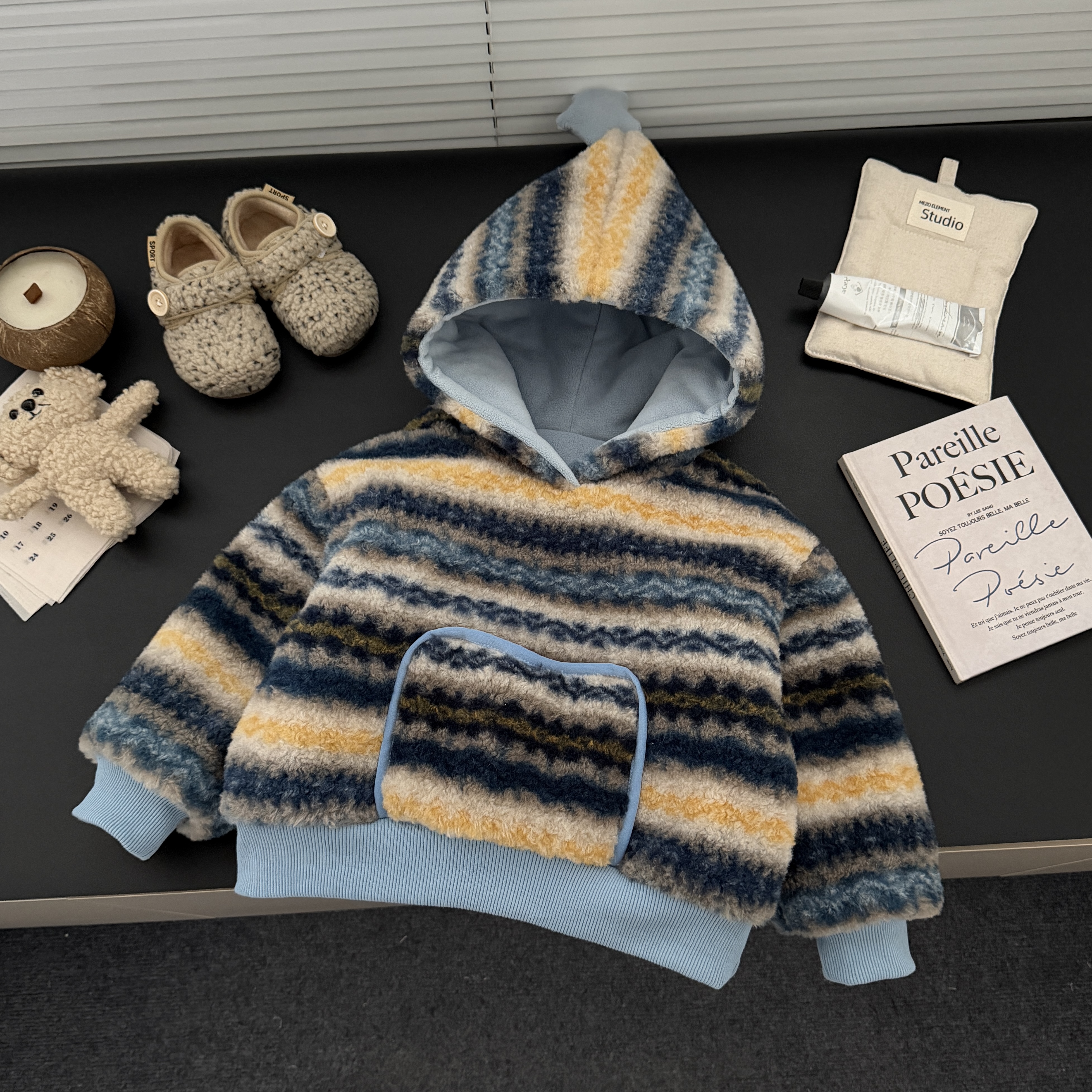 现货WY032025冬季新款费尔岛星星人重磅加厚连帽加绒卫衣男女童