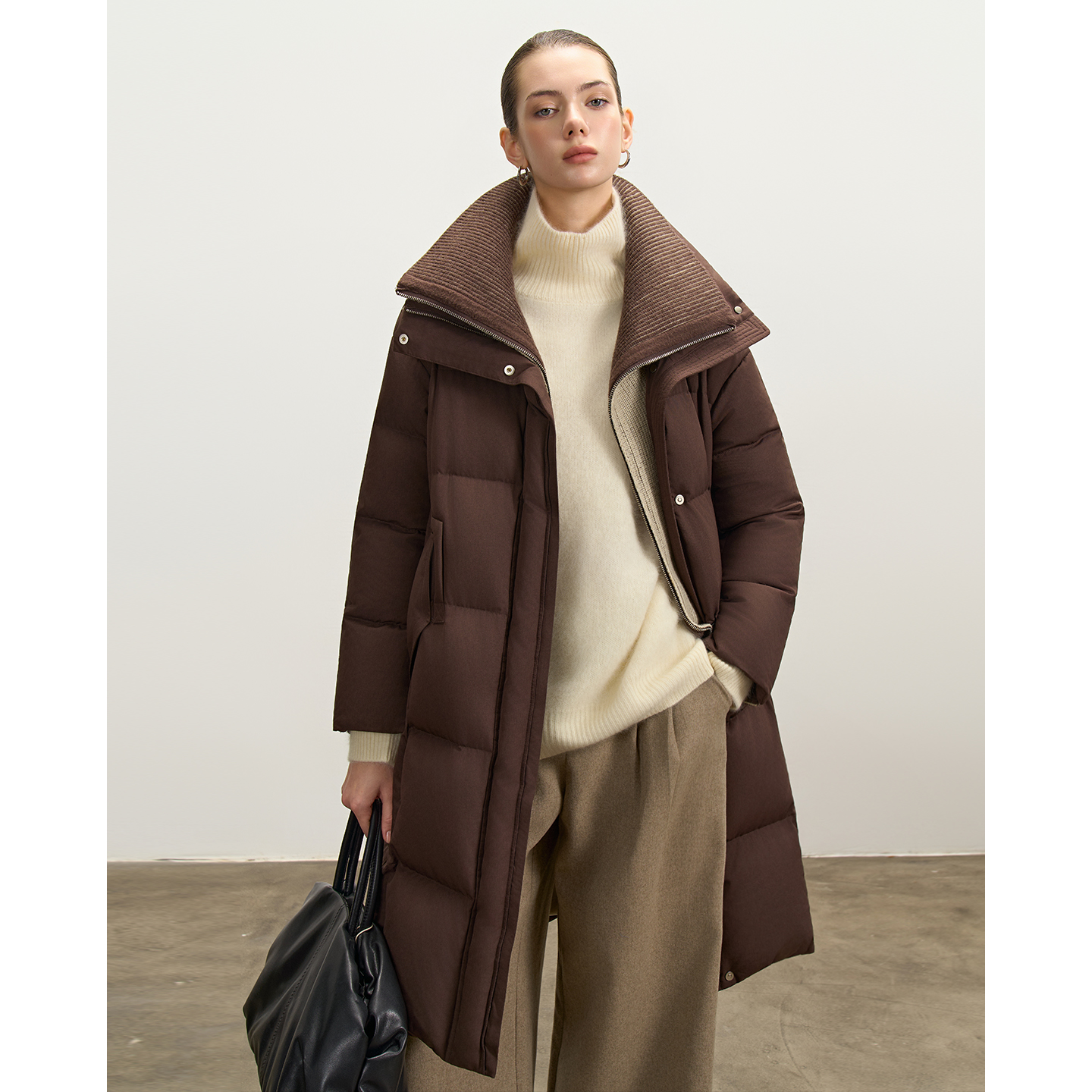 LUR极 拼接针织大翻领长款90%白鹅绒羽绒服冬季宽松休闲保暖外套