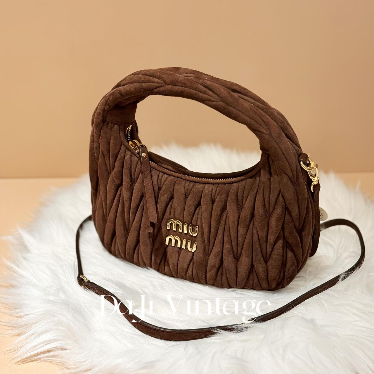 99新 MIU MIU/缪缪 大吉中古/缪缪可可棕绒面褶皱hobo小号