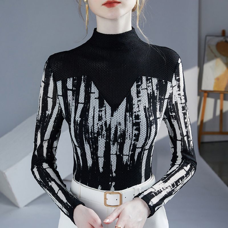 2025春秋新款印花打底设计感网纱半高领气质女士上衣撞色拼接小衫