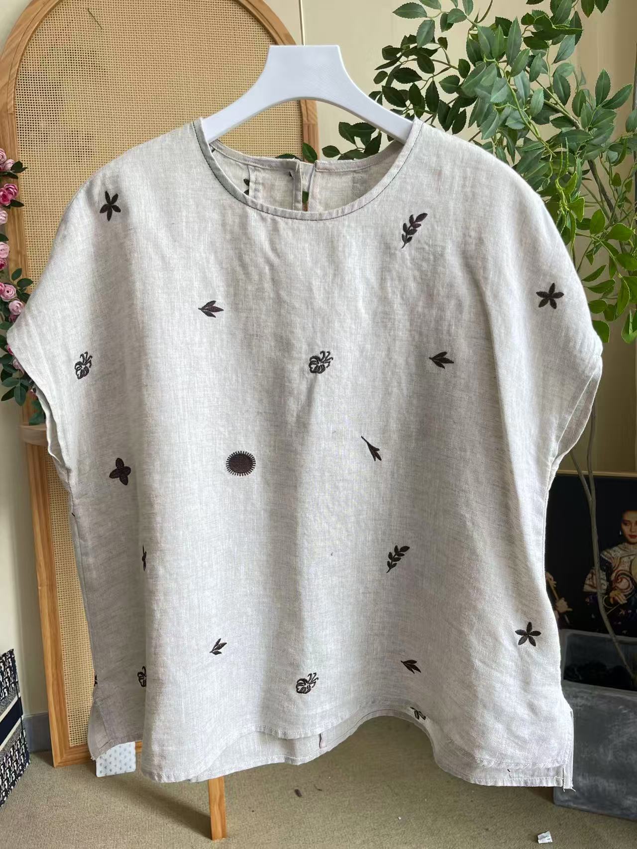s066夏款刺绣背心碎花夏季新中式T恤