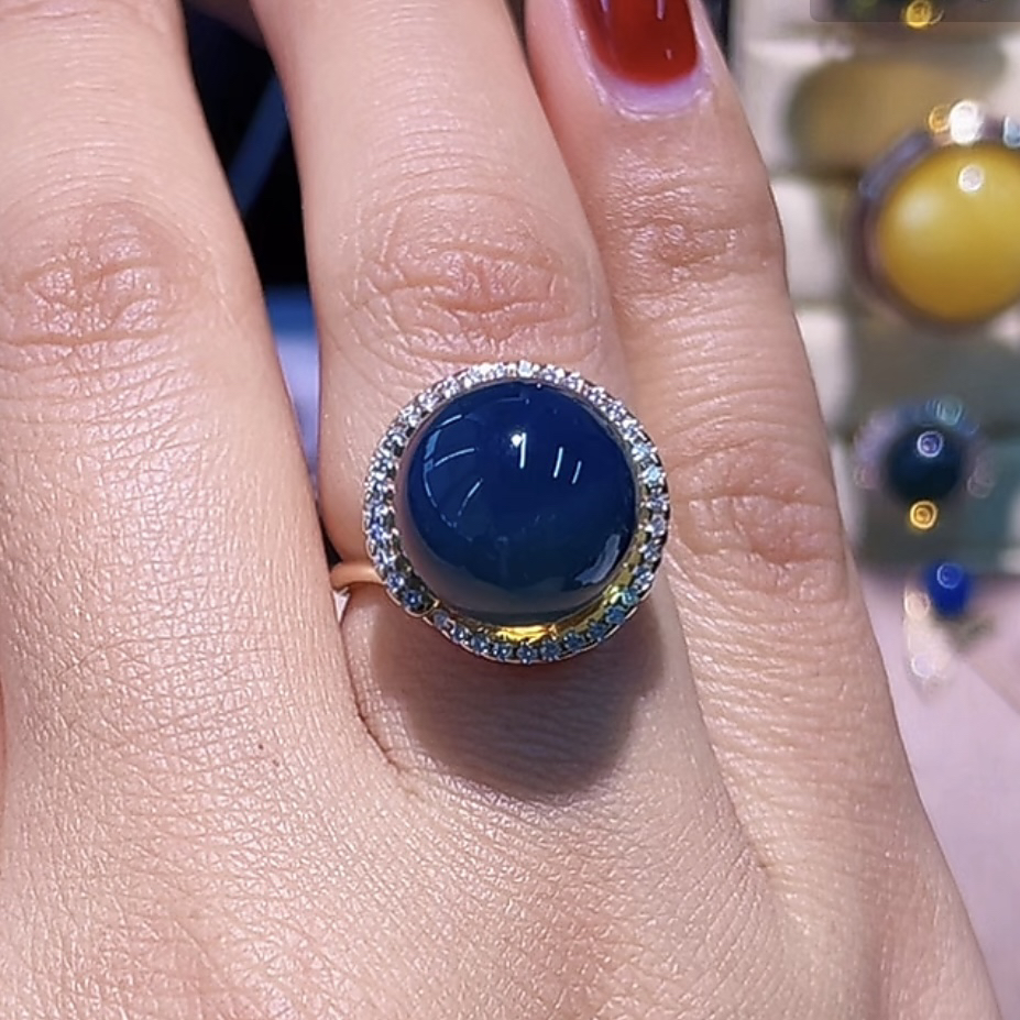 天然蓝珀银镶戒指