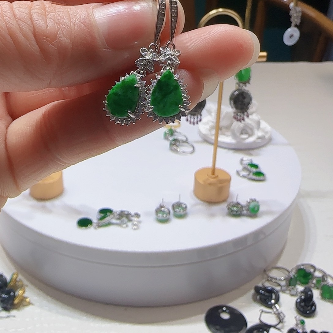 翡翠耳饰银S925镶嵌天然缅甸a货翡翠