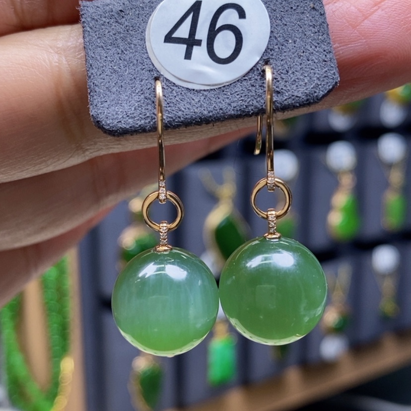 【闪购商品】和田玉耳饰18K金镶嵌13.8mm猫眼圆珠厚金耳饰